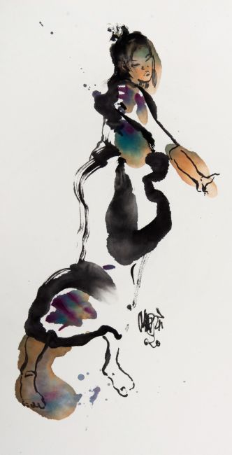 lai yan in kimono  sumi inkt en aquarel  op yuan papier  90 cm.  1250 00 80