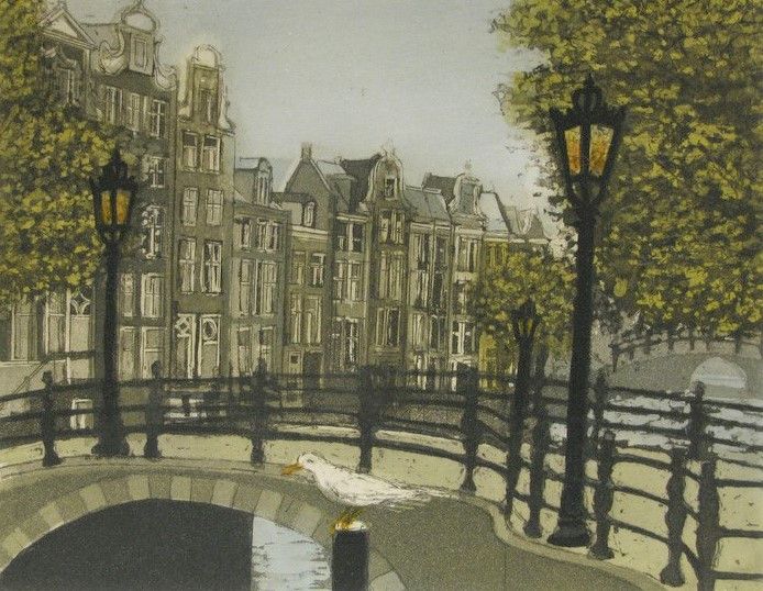 gracht in amsterdam  kleurenets  binnenmaten x 24 cm. ex lijst e. 140 00 1381