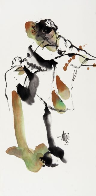 geisha in celadon en burnt sienna     cm. breed 105 cm. lang  sumi inkt aquarel op yuan papier        1440 euro 1506