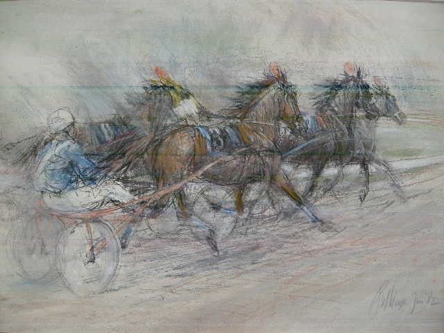 paardenrace met sulky  pastel  buitenmaten x 80 cm. e. 1900 00   1562