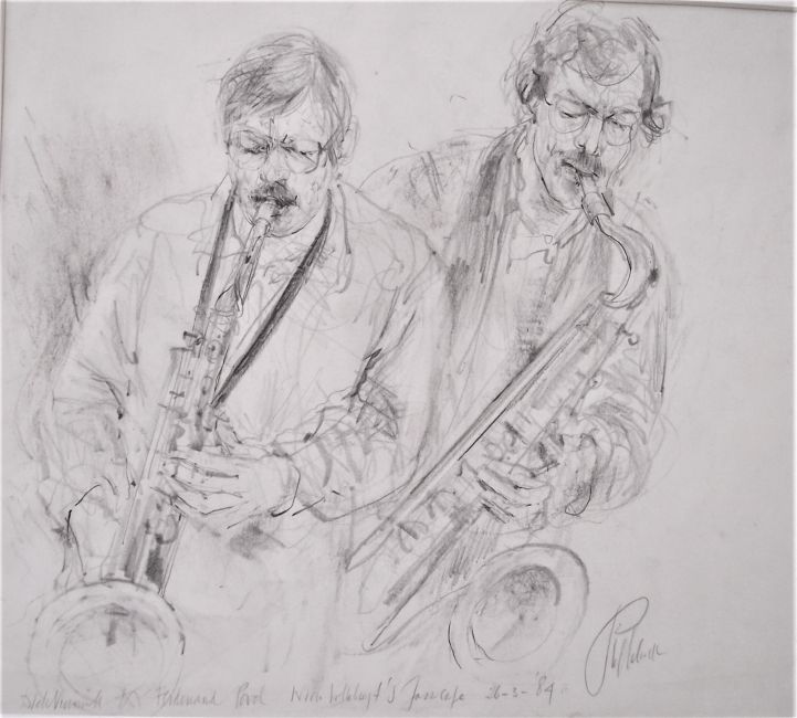 piet klaasse  han bennink en ferdinand povel  in nick vollebregt s jazzcafe  potlood 3  84. buitenmaten 55 x 60 cm.  e. 950 00  1569