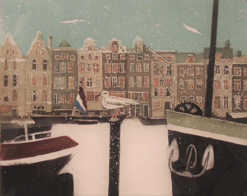 laetitia de haas  besneeuwde gracht  amsterdam  meerkleurenets  e.150 65 x 50 cm. 2007