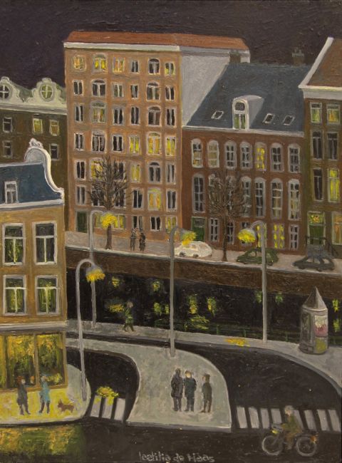 amsterdam bij avond  olieverf  x30 cm.     600 00 2956