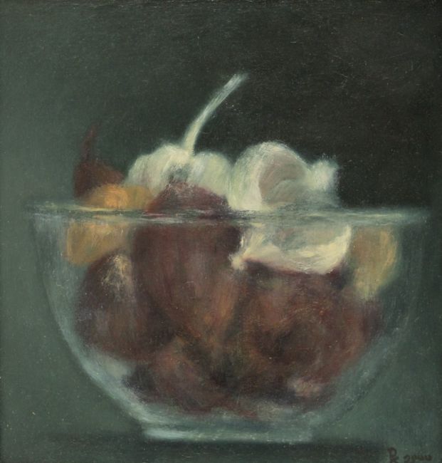 pieter knorr  uitjes met knoflook  olieverf op board. buitenmaten x 35 cm.  2100 00   374