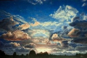 GEZIEN VAN DE RIET  Bijzondere avondwolken  alkyd en olieverf x60 cm. 2790 00 3654