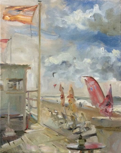 DORIEN VAN DIEMEN  Met wind aan zee  Noordwijk  olieverf x40 cm. 1200 00 3704