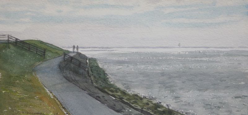 Dijk Terschelling met fietsers  tegenlicht  aquarel   5 x 22 cm  485 00 3958