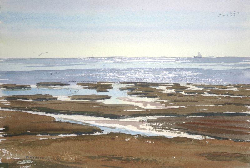 MICHIEL KRANENDONK  Kwelder bij Midsland tegenlicht   aquarel  x 28 cm. 3923