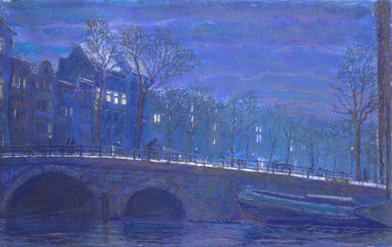 Nocturne Amsterdam sneeuw  x 59 cm. monotype  pastel  1185 00 3929