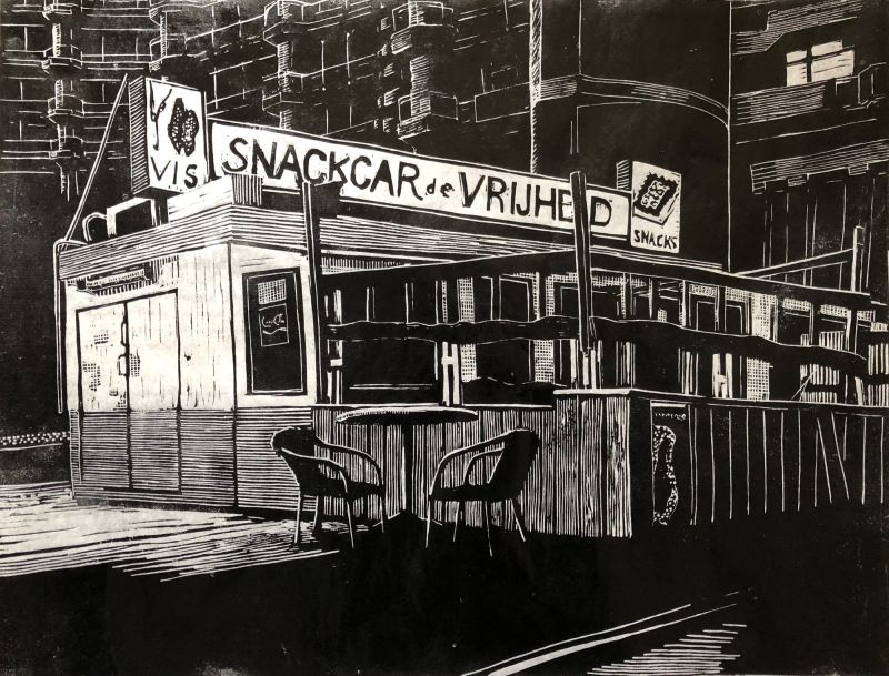 Snackcar de Vrijheid  linmoleumsnede x54 cm. E. 280 00 3992