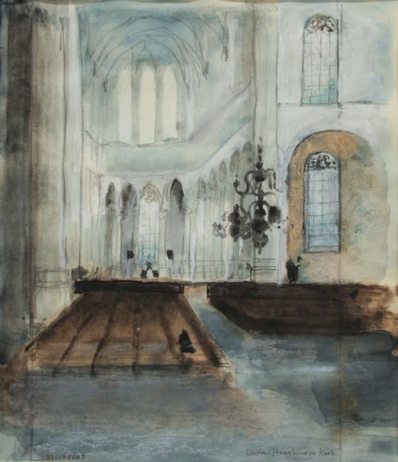 JENNY DALENOORD  Leiden  Hooglandse kerk   gemengde techniek  buitenmaten 60x50 cm.  cm. E. 950 00 4065