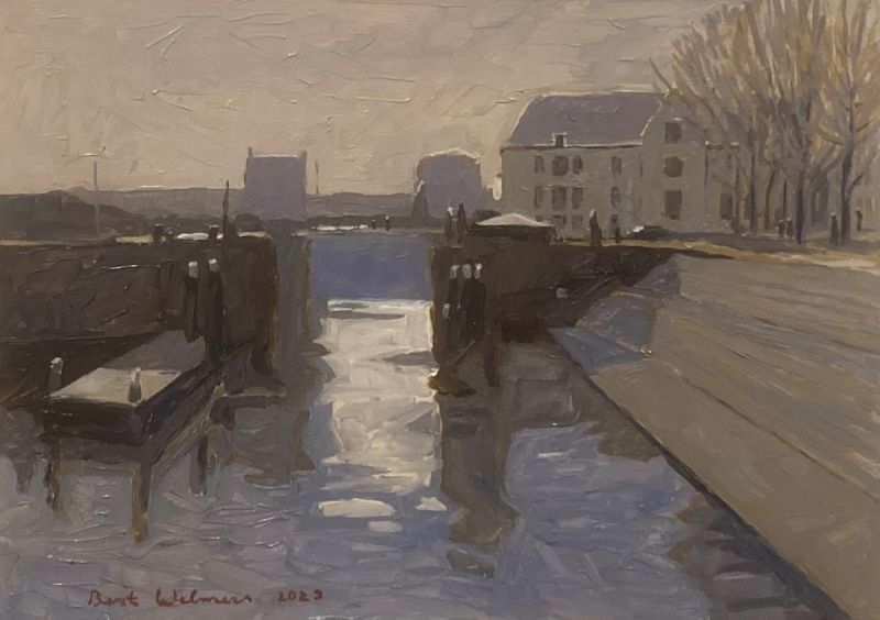 BERT WELMERS  Gorkum  Lingehaven  doorbrekend licht  olieverf x42 50 cm. 1300 00 4232