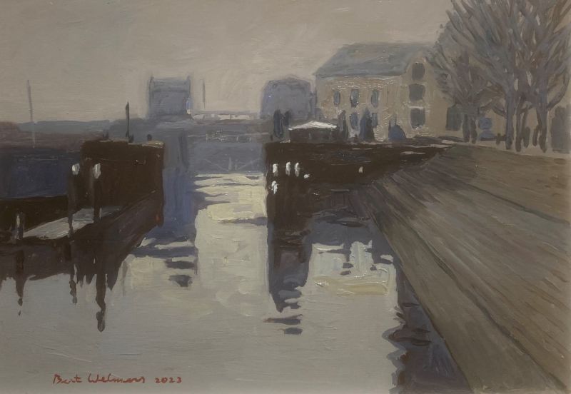 BERT WELMERS  Gorkum  Lingehaven  mist  aarzelend licht  olieverf x42 50 cm. 1300 00 4233