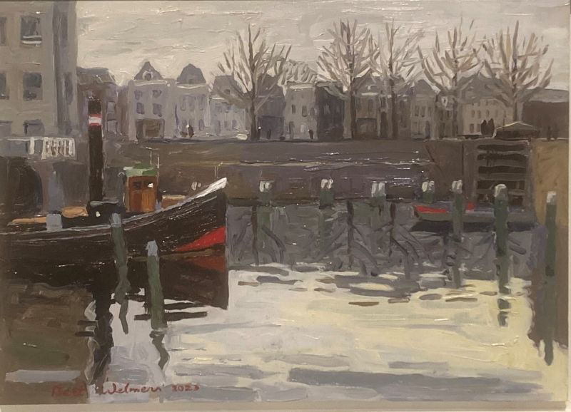 BERT WELMERS  Gorkum  Lingehaven  winterdag  olieverf x42 50 cm. 1300 00 4234