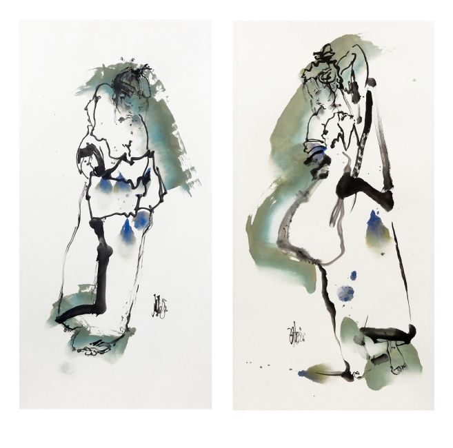 leenders Tweeluik        Deux fois Lai Yan en  vert celadon       x 60 110 cm.     sumi e schildering     880 euro . 4607