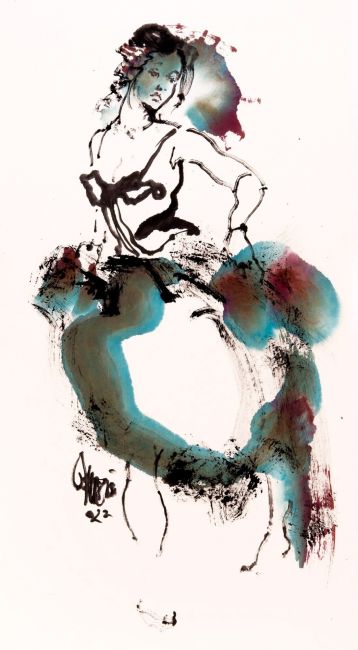 mouvement en vert violet          90 cm.   sumi e schildering      1250 euro  4610