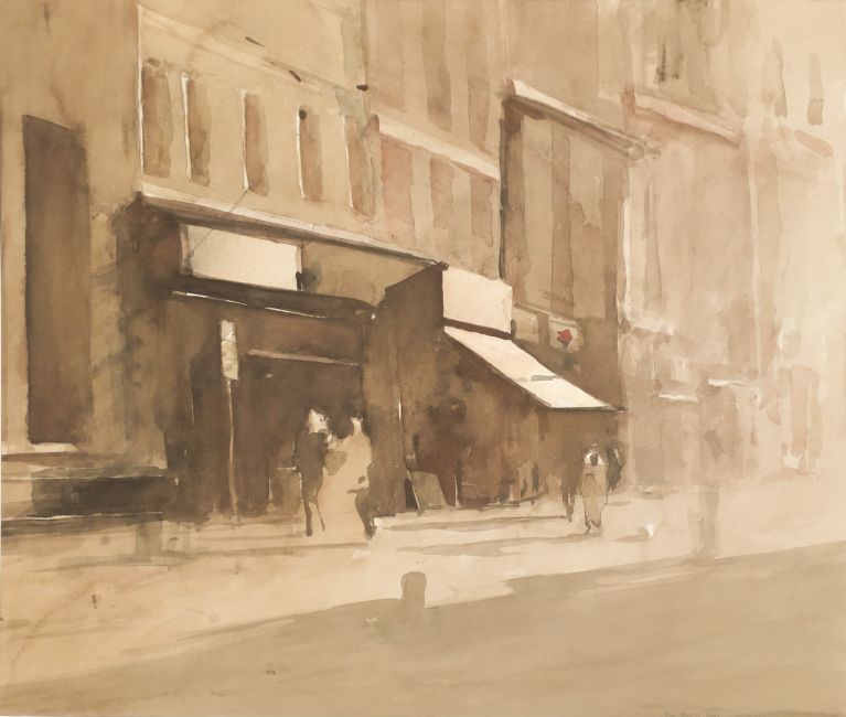 TITUS MEEUWS  Lange Poten  Den Haag  strijklicht in sepia  aquarel  ex lijstx60 cm. 72x92 cm.   2100 00 4772