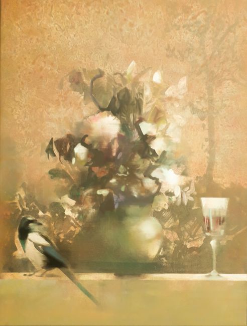 MARTIN KOOLE  Still life with flowers and magpie  acryl x64 cm  1550 00 4803