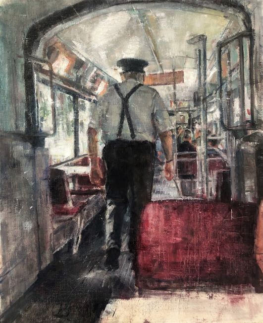 The conductor. Oil on paper.De tramconducteur olieverf op papier x 40 cm. 4848