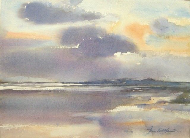 JAN VELTHUIS Schemering boven het Wad  aquarel  buitenmaten x 98 cm. 1550 00 5052