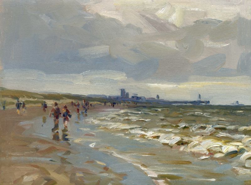 hans versfelt  strand met pier en wandelaars  scheveningen  olieverf op doek  x 40 cm.     1400 00   534