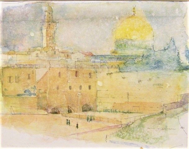 kleinen  jeruzalem   klaagmuur met rotskoepel  aquarel  5x56cm  677