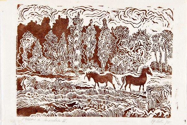 paarden in landschap ii  linoleumsnede  x 27 cm. e. 150 00   746