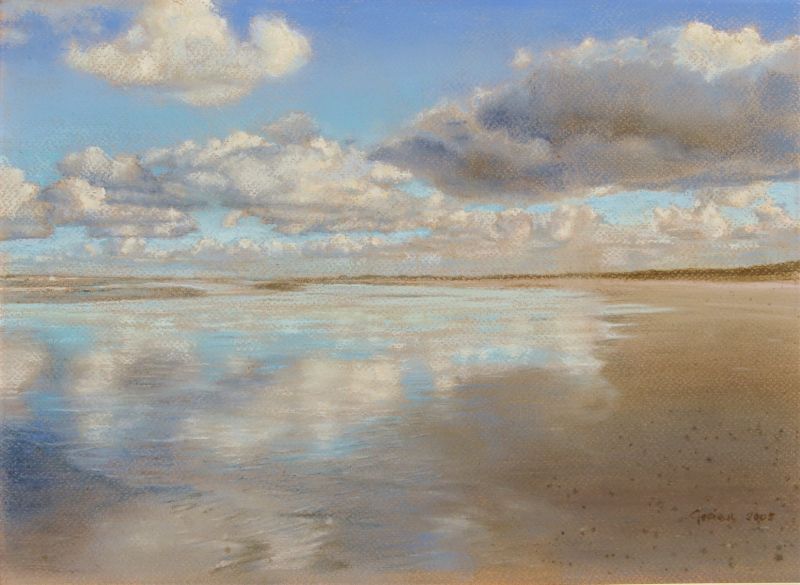 gezien van de riet  strand bij castricum  pastel x50 cm. 1150 met lijst  802