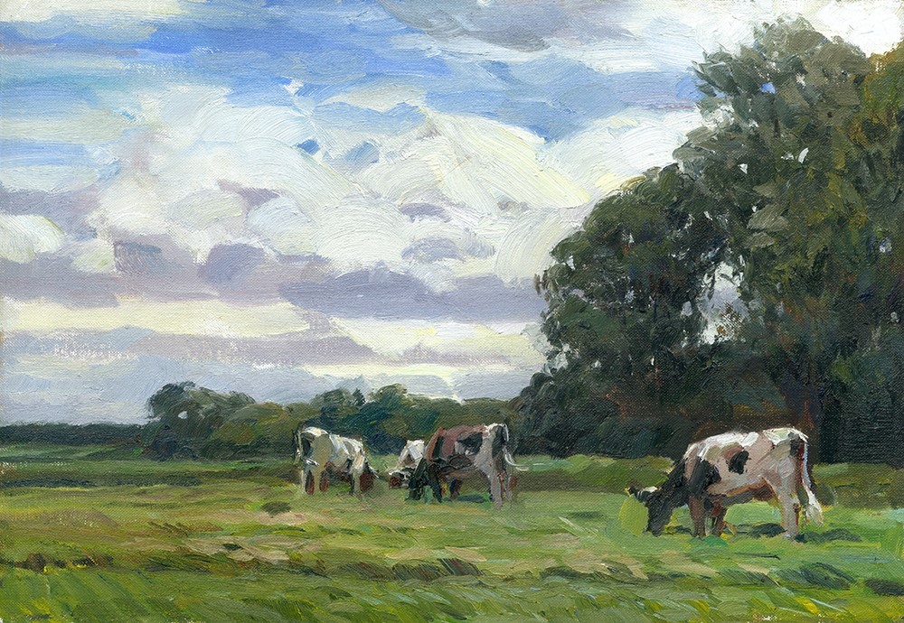 Koeien bij bosrand met wolkenlucht